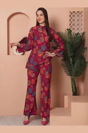 Claura Maroon Printed Mandarina Collar Neck Top With Flared Palazzos