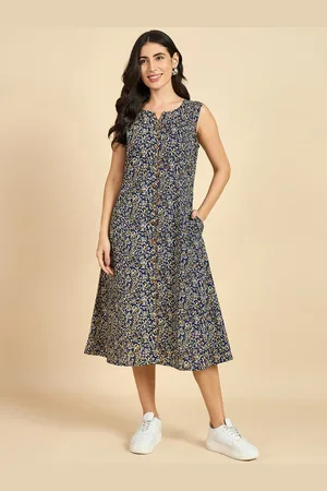 Azira Floral Print Round Neck Sleeveless Cotton A-Line Midi Dress
