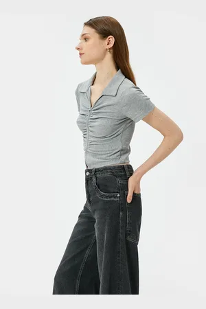 Koton Women Shirt Collar Ruched Solid Crop Top