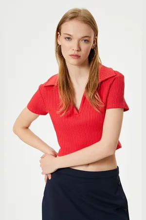 Koton Women Cherry Red Solid Polo Collar T-shirt