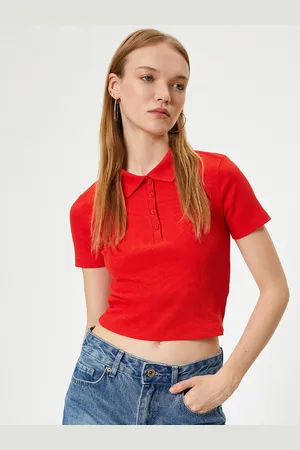 Koton Women Polo Collar Solid Slim Fit Cherry Red T-shirt