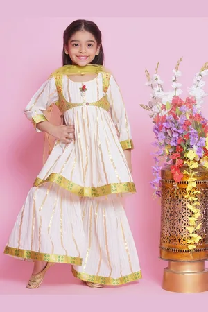 Little Bansi Girls Woven Design Zari Pure Cotton Kurta with Sharara & With Dupatta