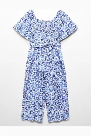 MANGO Girls Printed Smocked Basic Jumpsuit with Ruffles