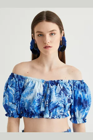 Koton Floral Printed Off Shoulder Cotton Crop Bardot Top