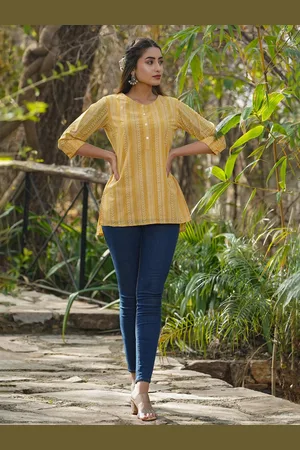 Juniper Women Mustard Yellow Striped Georgette Printed High-Low Tunic
