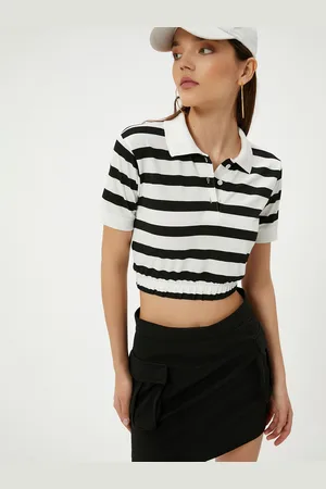 Koton Women Striped Polo Collar Monochrome Crop T-shirt