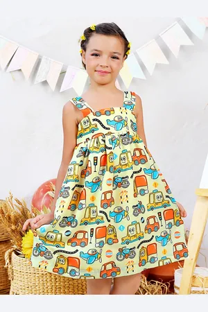 Jilmil Girls Drive Printed Pleated Cotton A-Line Dress