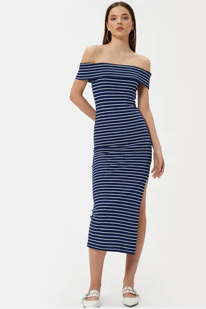 Koton Women Striped Bodycon Off-Shoulder Dress
