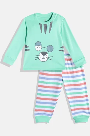 TINYO Infant Boys Green & White Printed Pure Cotton T-shirt with Striped Trousers