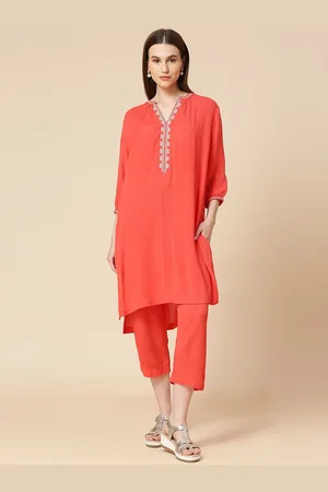 Chemistry Ethnic Motifs Embroidered Band Collar Straight Kurta & Trousers