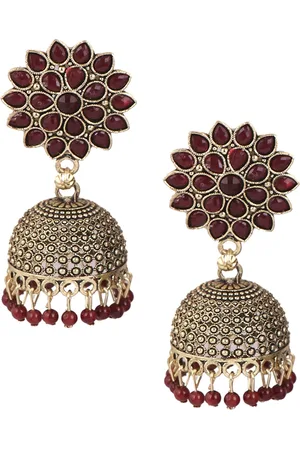 Keviv Gold-Plated Kundan Studded & Beaded Dome Shaped Jhumkas