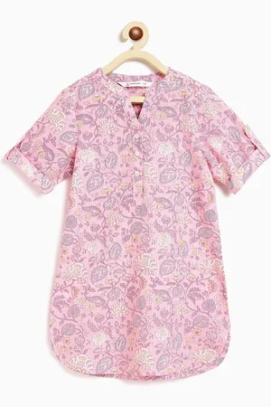 Campana Girls Floral Printed Mandarin Collar Roll-Up Sleeves Cotton A-Line Kurta