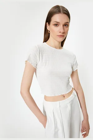 Koton Women Solid Smocked Round Neck Crop Top