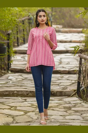 Juniper Women Pink Striped Georgette Printed High-Low Tunic