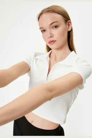Koton Women Polo Collar Solid Slim Fit Crop T-shirt