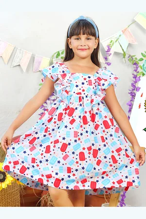 Jilmil Girls Conversational Printed Square Neck Flutter Sleeve Cotton A-Line Dress