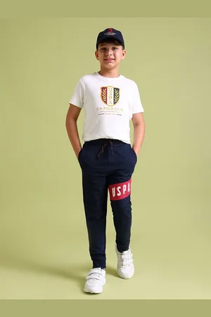 U.S. Polo Assn. Boys Navy Blue & Red Brand Logo Printed Straight-Fit Joggers