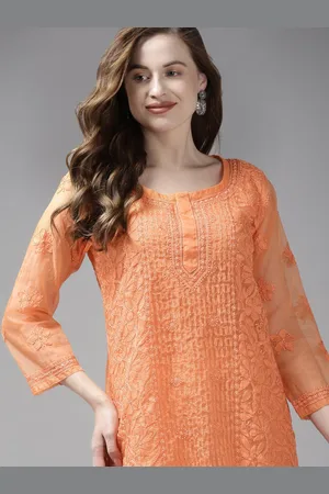 ADAM Co. Orange Ethnic Motifs Embroidered Chikankari Kurti With Matching Slip