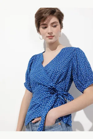 DressBerry Brady Blue Retro Polka Dots Wrap Top