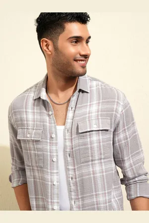 LocoMotive Premium Grey Dobby Textured Checked Utility Pocket Relaxed Shirt