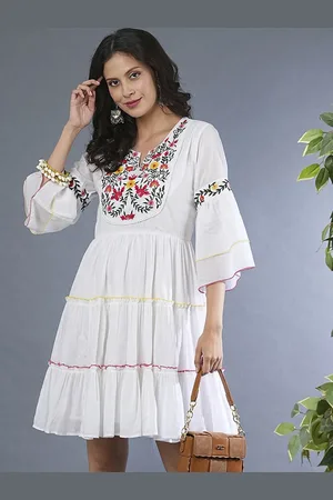 Globus Floral Embroidered Flared Sleeves Gathered & Tiered Fit and Flare Dress