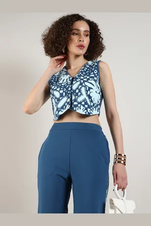 Campus Floral Printed V-Neck Sleeveless Casual Crop Waistcoat With Trousers