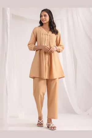 Janasya Self-Design Cuffed Sleeves Pure Cotton Tunic With Trouser