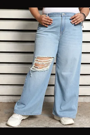 High Star Plus Size Women Wide Leg Highly Distressed Light Fade Cotton Jeans