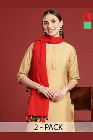 Anouk Pack Of 2 Red & Green Tasselled Cotton Scarves