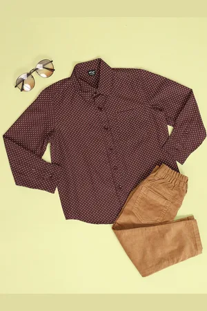 HOOP Boys Slim Fit Polka Dots Printed Spread Collar Curved Casual Shirt