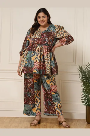 DEEBACO Women Plus Size Patch Abstract Printed Tunic With Palazzo Co-Ords
