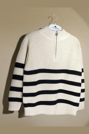 Cherry Crumble Kids Striped Mock Collar Long Sleeves Pure Cotton Pullover Sweaters