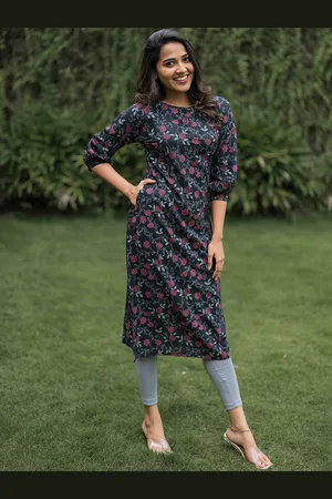 Hay Floral Printed Keyhole Neck Bishop Sleeves Straight Kurta