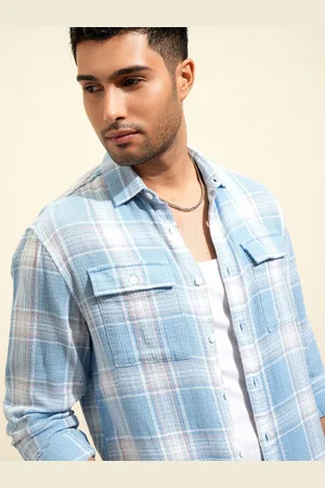 LocoMotive Premium Men Dobby Textured Checked Utility Pocket Relaxed Shirt