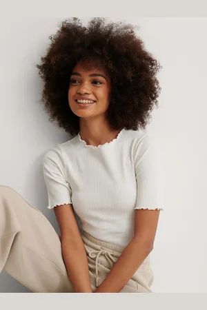 NA-KD Women Off White Ribbed Fitted Top