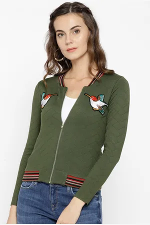 MADAME Women Olive Green Self Design Cardigan
