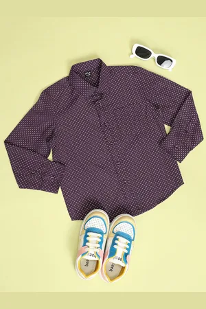 HOOP Boys Slim Fit Polka Dots Printed Spread Collar Curved Casual Shirt
