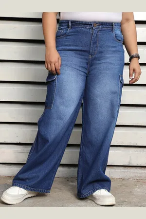 High Star Women Plus SIize Wide Leg Light Fade Pure Cotton Cargo Jeans