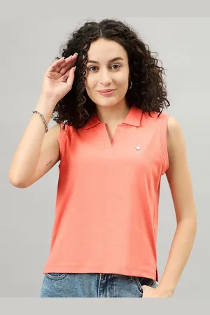 FEMEA Women Solid Polo Collar Sleeveless T-shirt