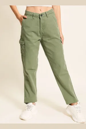 Roadster The Lifestyle Co. Women Green Pure Cotton Mid-Rise Slim Fit Cargo Trouser