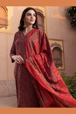 Ishin Embellished Neck Cotton Kurta with Afghani trouser and Flowy Mulmul Dupatta