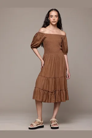Roadster Off-Shoulder Puff Sleeves Smocked Fit & Flare Dress
