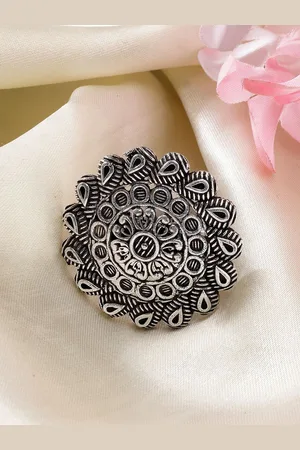 NVR Silver-Plated Floral Adjustable Oxidised Finger Ring