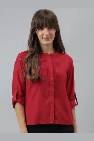 Latin Quarters Women Solid Pleated Spread Collar Casual Shirt
