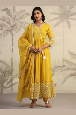 SCAKHI V Neck Ethnic Motifs Embroidered Angrakha Pure Cotton Anarkali Kurta Set
