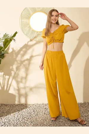 Berrylush Yellow Sweetheart Neck Crop Top With Palazzos
