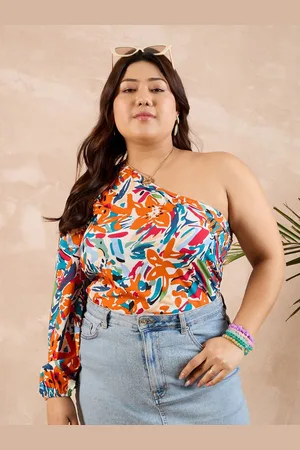 Berrylush Plus Size Abstract Printed One Shoulder Top
