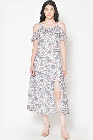 Cation Women White & Pink Floral Print Midi A-Line Dress