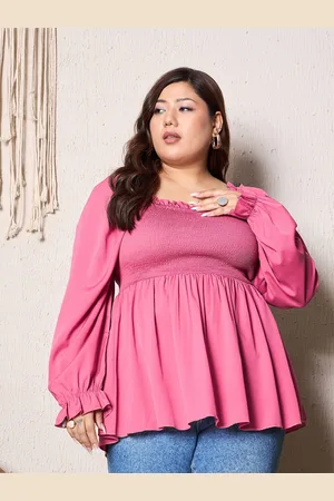 Berrylush Plus Size Solid Square Neck Smocked Peplum Top