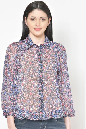 Cation Women Blue & Yellow Regular Fit Printed Casual Shirt